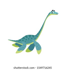 Cartoon Plesiosaurus. Flat simple style water dinosaur. Jurassic world sea animal. Vector illustration for kid education or party design elements. Isolated on white background.