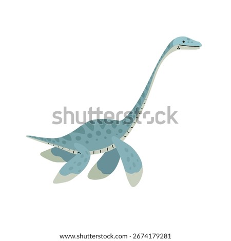 Cartoon Plesiosaurus. Flat simple style water dinosaur. Jurassic era sea animal. Vector illustration for kid education or party design elements. Isolated on white background.
