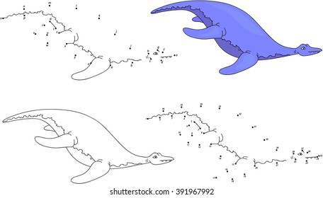 Cartoon pliosaur. Coloring book and dot to dot educational game for kids