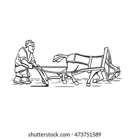 Cartoon plowman farmer and horse vector illustration