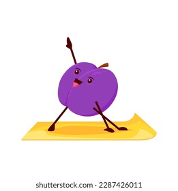 Caricatura de ciruela en pose de yoga. Vector de frutas divertidas estirándose sobre la alfombra buscando equilibrio en cuerpo y mente durante la sesión de bienestar. Salud y práctica mental de la ciruela cómica en la práctica del yoga