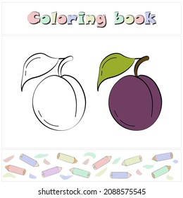 Cartoon plum. Coloring book. Simple education game for kids. Vector illustration, eps