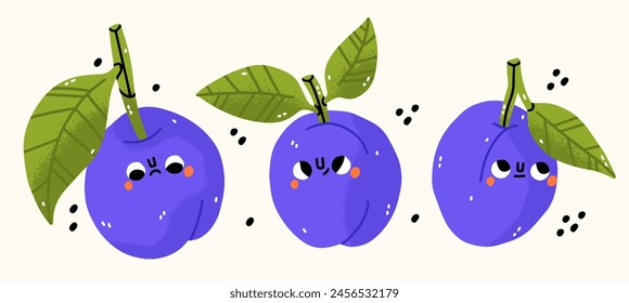 Ciruela de dibujos animados con caras. Cute moderno infantil estilo de dibujo Ilustración vectorial de frutas. Aislado sobre fondo blanco. Kawaii, ilustración de garabato. Ciruela con diferentes emociones