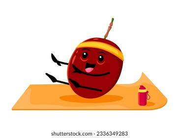 Cartoon plum fruit character on yoga fitness. Vector funny personage sitting on mat seeking balance of body and mind, stretching legs and arms. Healthy lifestyle, sports class, yogi practice in gym