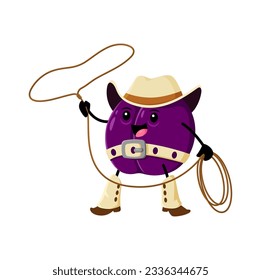 Cartoon plum fruit cowboy, sheriff, ranger and bandit character wear hat and boots, spinning rope lasso. Vector playful whimsical vitamin product, healthy eating or children book cowpuncher personage