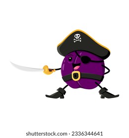 Cartoon plum fruit pirate and corsair character fight with saber. Vector brave funny prune captain. Happy smiling damson picaroon adventurer personage in cocked hat, eye patch and boots fighting