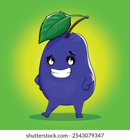 Cartoon plum fruit with purple skin, Funny cartoon character made of plum fruits, sticker, label, marmalade, graphic element, vector