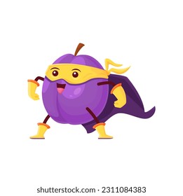 Cartoon plum fruit superhero character, isolated vector damson super hero personage in cape, boots, gloves and mask. Funny fairytale prune vigilante, fantastic healthy food, smiling plant for kid menu