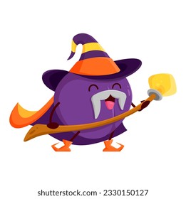 Cartoon plum fruit wizard or magician character. Vector funny damson necromancer wear enchanter hat casting spell with magic staff. Funny mustached wiz, conjurer, sorcerer or fascinator personage