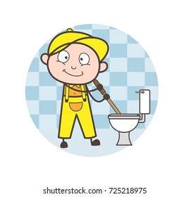 Cartoon Plumber Cleaning Toilet Seat and Bathroom Vector Illustration