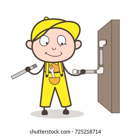 Cartoon Plumber Connecting Pipe Vector