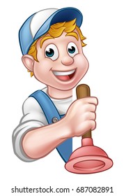 A cartoon plumber or handyman holding toilet plunger