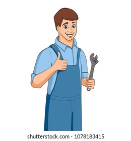 Cartoon plumber holding adjustable wrench. Vector illustration
