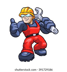 Cartoon Plumber Holding A Big Wrench. 