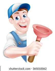 A cartoon plumber man in a cap hat and blue overalls holding a plunger tool and peeking around a sign