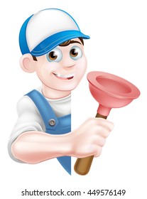 A cartoon plumber man in a cap hat and blue overalls holding a plunger tool and peeking around a sign