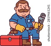 Cartoon Plumber Man Mascot Sitting on Toolbox Holding Pipe Wrench