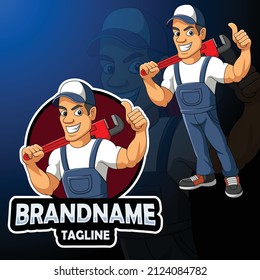 Cartoon plumber mascot design with wrench giving thumb up