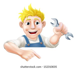 A cartoon plumber or mechanic with a spanner peeking over sign or banner and pointing at it