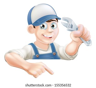 A cartoon plumber or mechanic with a wrench peeking over sign or banner and pointing at it
