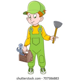 Cartoon plumber with plunger and other repairing tools. Colorful book page design for kids and children.