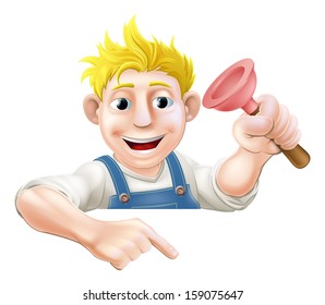 A cartoon plumber with a rubber plunger peeking over a sign or banner and pointing at it