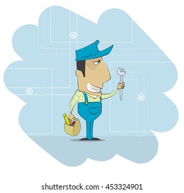 Cartoon plumber that dressed in work clothes and carrying tool. Vector