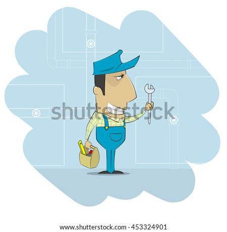 Cartoon plumber that dressed in work clothes and carrying tool. Vector