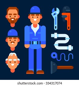 Cartoon plumber and tools for repair. Vector flat illustration. Isolated objects.