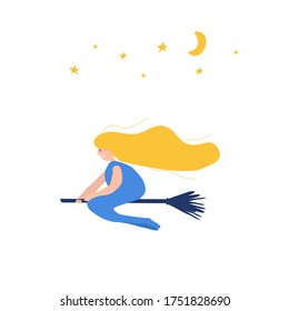 Cartoon plump blonde woman flying on a broom at night across the starry sky. Picture on a t-shirt. Body positive.