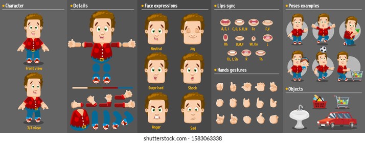 Cartoon plump family man, dad constructor for animation. Parts of body: legs, arms, face emotions, hands gestures, lips sync. Full length, front, three quater view. Set of ready to use poses, objects.