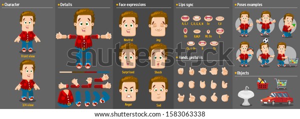Cartoon plump family man, dad constructor for\
animation. Parts of body: legs, arms, face emotions, hands\
gestures, lips sync. Full length, front, three quater view. Set of\
ready to use poses,\
objects.