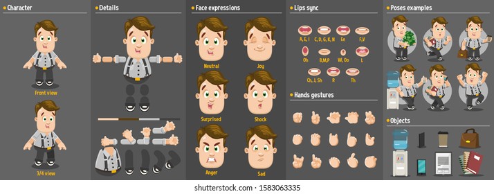 Cartoon plump office worker, manager male constructor for animation. Parts of body: legs, arms, face emotions, hands gestures, lips sync. Full length, front, three quater view. Set of poses, objects.