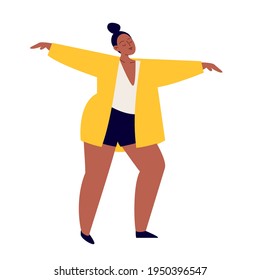 Cartoon plump woman dancing. A young pretty girl is dancing in a yellow jacket and short dark shorts. Vector stock illustration isolated on white background.