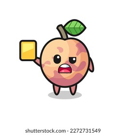 cartoon pluot fruit character as a football referee giving a yellow card , cute style design for t shirt, sticker, logo element