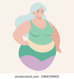 A cartoon of a plus size woman in green tank top and purple pants