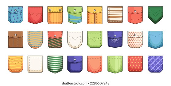 Cartoon pockets collection. Cargo and patch pockets for clothes, casual uniform textile icons flat style, fashion fabric patches design. Vector isolated set. Female and male colorful wear