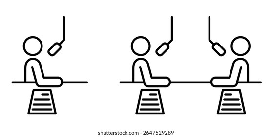 Cartoon podcast interview or recording session with microphone. Blog, communication concept. Podcast studio, radio show. Host with table and paper. Online, webcast audio record. Live, media record.