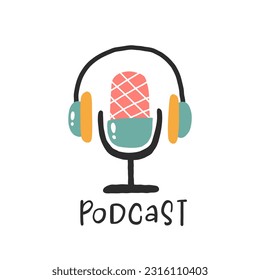Cartoon podcast on air composition with microphone. Speech, Wireless or Broadcast Illustration. Trendy Sign and Symbol for Design and Websites, presentation or application. Cover art design 