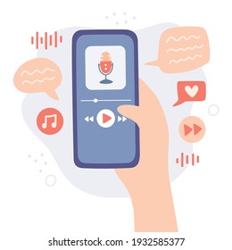 Cartoon podcast smartphone for lifestyle design. Audio chat design concept. Online training, online education. Speech bubbles around. For web landing page, articles, banner. Modern broadcast