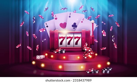 Cartoon podium with Casino slot machine poker chips and playing cards on background with curtain and spotlight. Casino poster for your arts