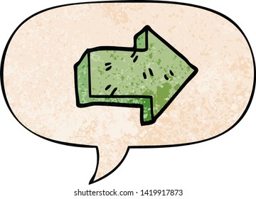 cartoon pointing arrow with speech bubble in retro texture style