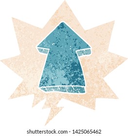 cartoon pointing arrow with speech bubble in grunge distressed retro textured style