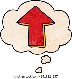 cartoon pointing arrow with thought bubble in grunge texture style
