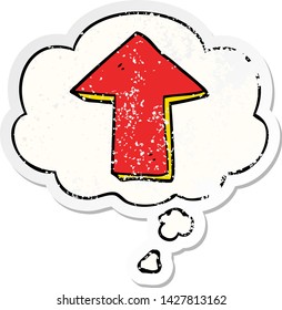 cartoon pointing arrow with thought bubble as a distressed worn sticker