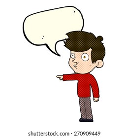 caricatura apuntando a un niño con burbuja de habla