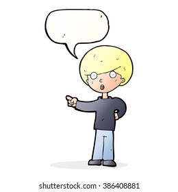 caricatura apuntando a un niño con burbuja de habla