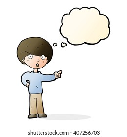 cartoon pointing boy with thought bubble