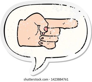 caricatura apuntando con la mano a la burbuja del habla pegatina vieja angustiada