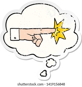 cartoon pointing hand with thought bubble as a distressed worn sticker